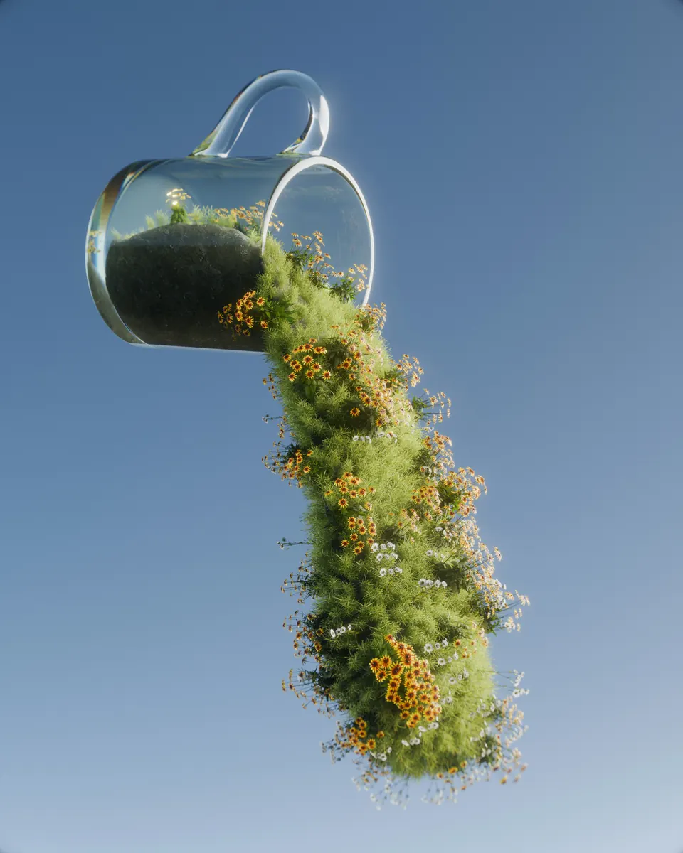 Un récipient en verre libérant une traînée suspendue de mousse et de fleurs