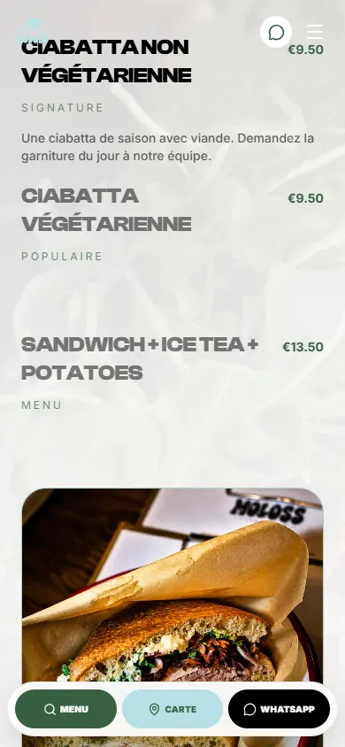 Mobile view of the MOLOSS menu and quick actions