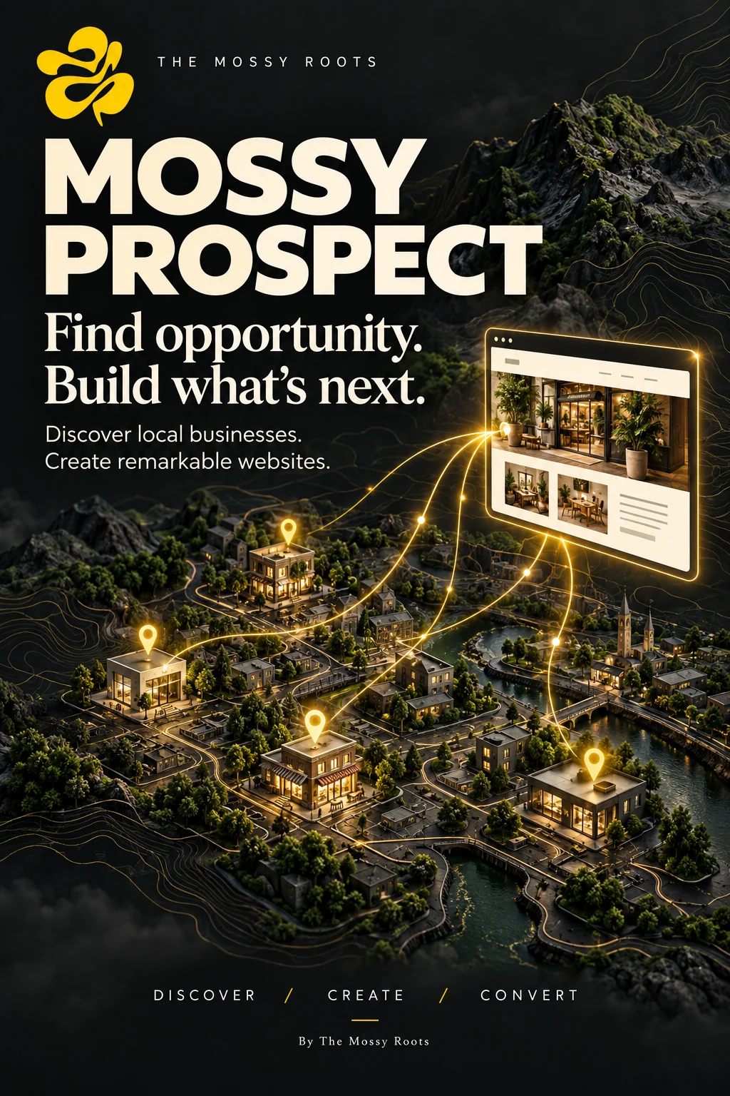 Mossy Prospect banner showing local businesses connected to a website concept