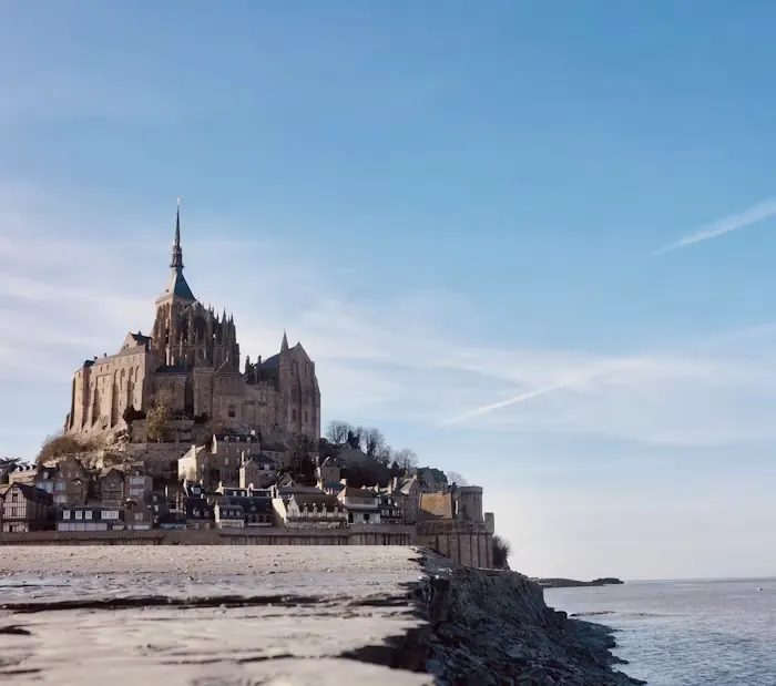Wide view of Mont Saint-Michel across tidal flats
