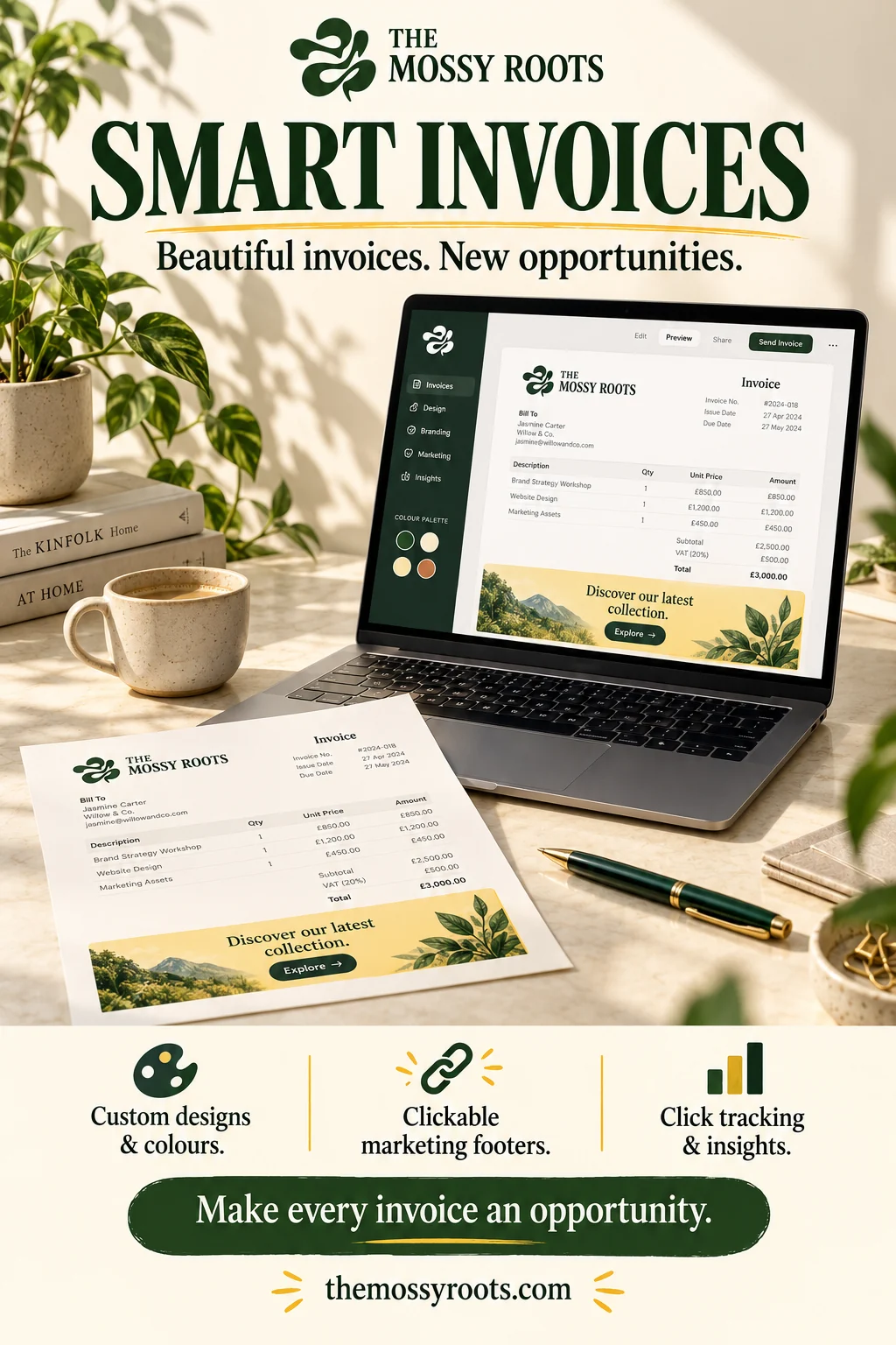 Smart Invoice banner showing a branded invoice concept on a laptop